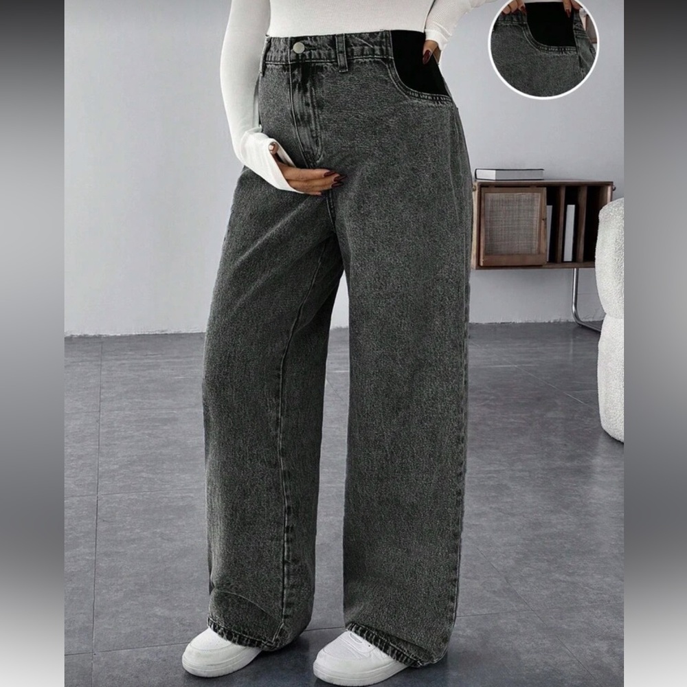 Wide Leg Washed Black Denim Maternity Jeans